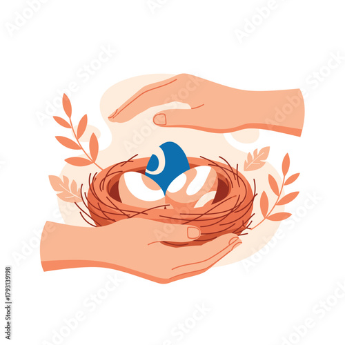 Human hands carefully protecting a bird's nest full of eggs, a concept for security, insurance, new beginnings, and nurturing care.