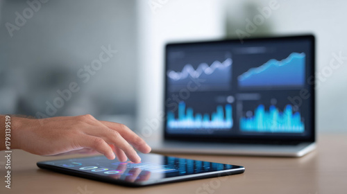 Focused business person at desk doing data analysis on dashboard. Close up on hand using tablet with financial chart, graph, and KPI for business strategy and technology