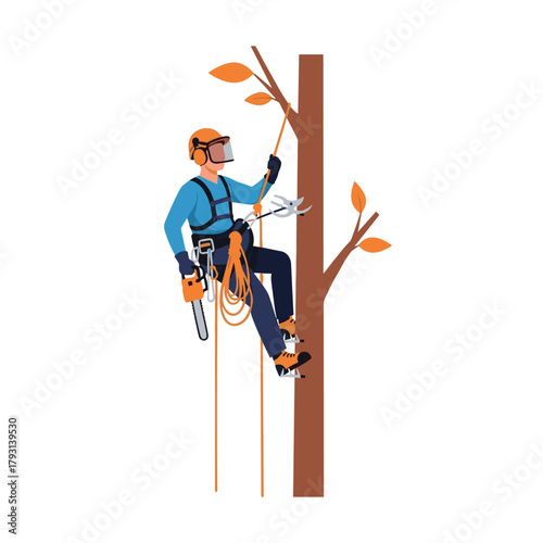 Professional arborist in full safety gear with a chainsaw, expertly climbing a tree using a rope and harness system.