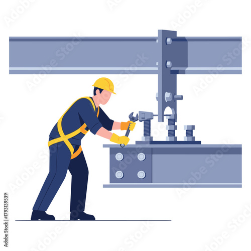 Construction worker in a safety harness and hard hat using a wrench to tighten bolts on a large steel beam structure.