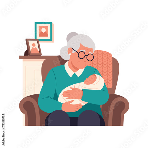 Tender moment with a loving grandmother sitting in an armchair and gently holding her newborn grandchild in her arms.