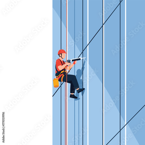 Rope access technician wearing a helmet and safety harness applying sealant to the windows of a modern glass skyscraper.