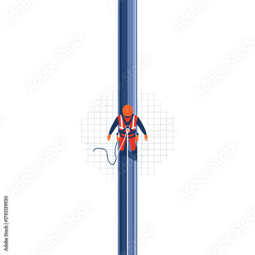 Minimalist top-down view of an industrial worker in a safety harness climbing a tall structure, shown against a grid.