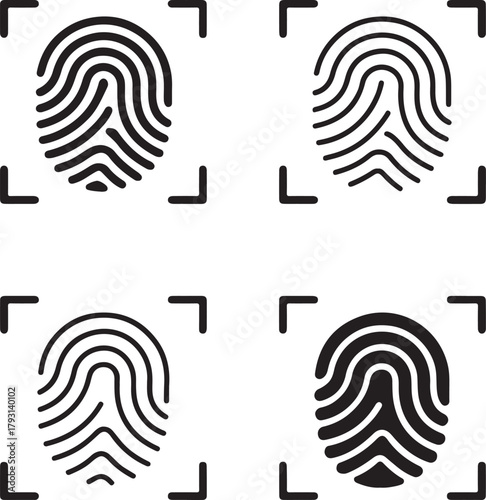 Isolated Fingerprint Scan black vector icon set, fingerprint scan icons, biometric security ID authentication, solid black outline filled minimal thin stroke, digital identity protection symbols