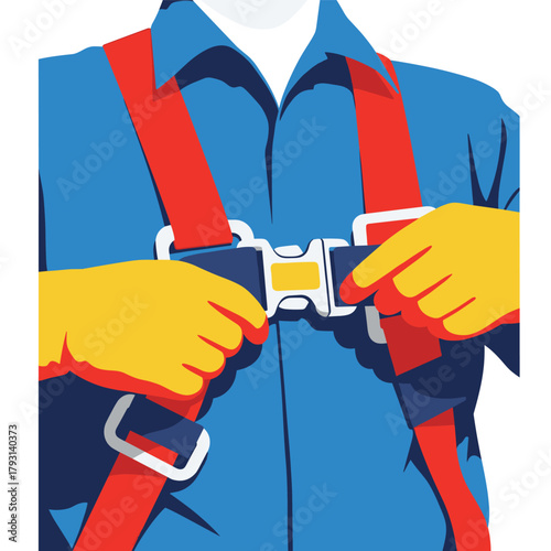 Worker wearing yellow gloves securely fastening the chest buckle on a red and blue full-body personal safety harness.