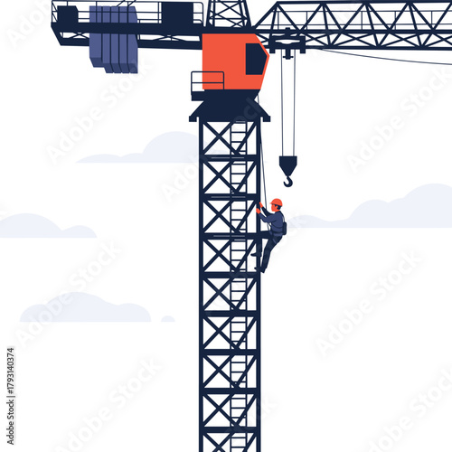 Construction worker wearing a safety harness and hard hat climbing the tall lattice structure of a tower crane at a building site.