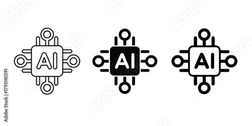 artificial intelligence icon of 3 types, color, black and white, and outline version, isolated vector sign symbol, perfect for technology design, Ai branding, digital innovation.