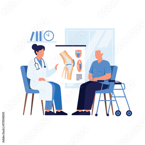 Female doctor explaining knee joint anatomy and arthritis to an elderly male patient with a walker in her medical office.