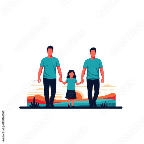 Two loving fathers walking with their young daughter between them, holding her hands, representing a modern LGBTQ family.