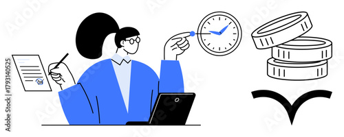 Woman holding a contract and pen while monitoring a clock, coins, and laptop. Ideal for time management, productivity, business strategy, financial planning, goal setting, teamwork simple flat