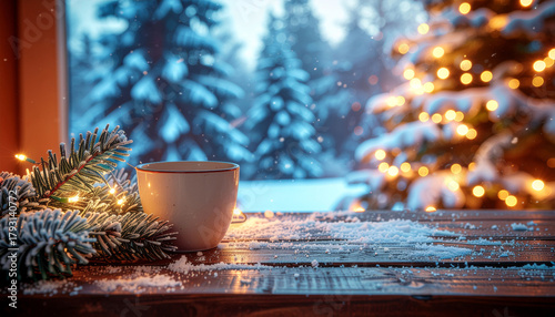 Cozy winter scene with mug on wooden table, surrounded by snow and pine branches, with glowing Christmas tree in background
