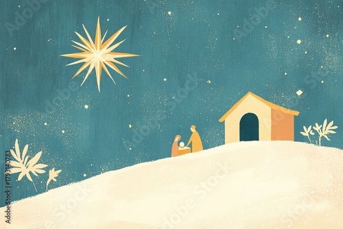 royal and stylish, A minimalist design with a subtle depiction of the Nativity scene and the star