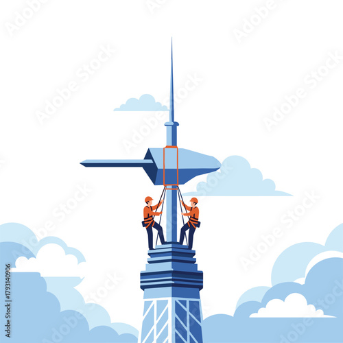 Two industrial climbers in safety gear working together at the top of a very tall tower against a cloudy sky.