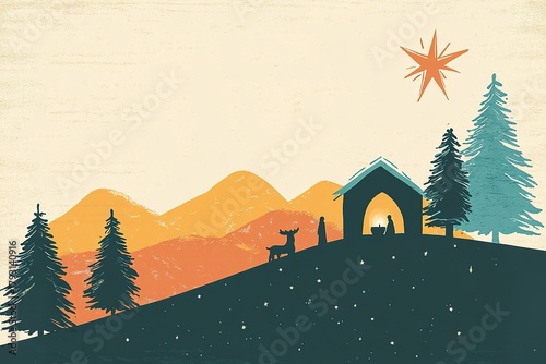 royal and stylish, A minimalist design with a subtle depiction of the Nativity scene and the star
