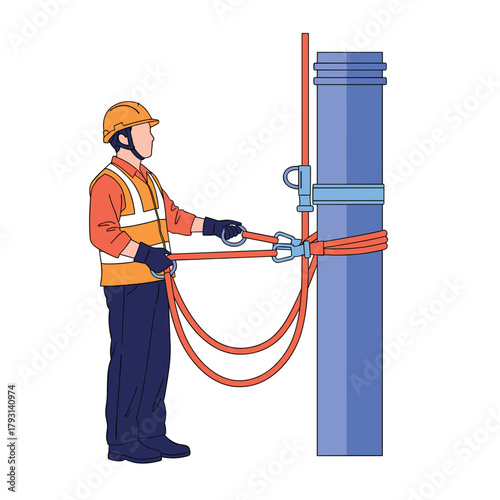 Industrial worker in full personal protective equipment properly securing a red anchor rope around a large vertical pipe.