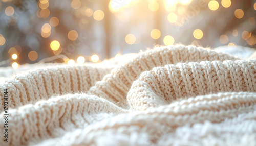 Soft knit fabric pattern in warm tones evokes cozy winter atmosphere with glowing bokeh lights