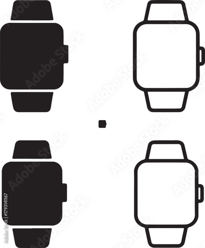 Isolated Smart Watch black vector icon set, smart watch icons, wearable tech fitness tracker, solid black outline filled minimal thin stroke, digital gadget modern symbols