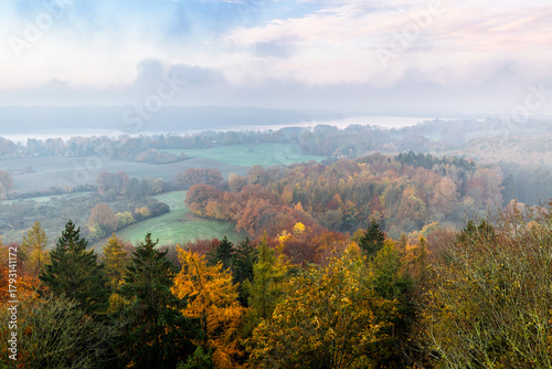 View over colorful autumn landscape on a cloudy morning, Malente, Dieksee, Schleswig-Holstein