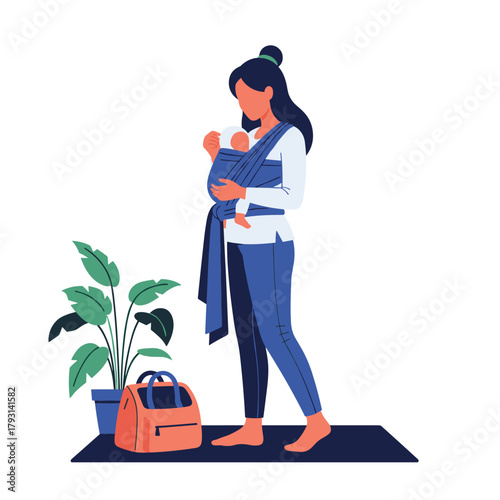 Illustration of a mother practicing attachment parenting by carrying her newborn baby snugly in a blue fabric baby sling.