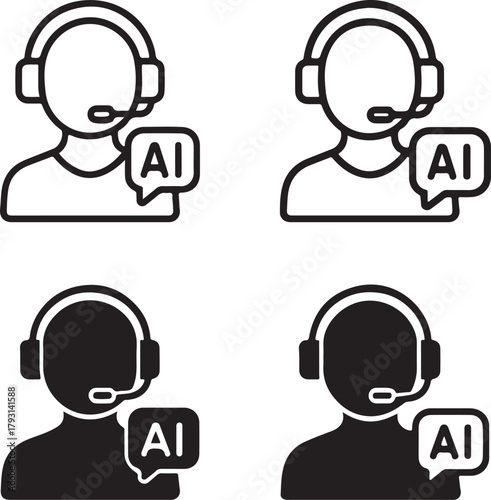 Isolated Virtual Assistant black vector icon set, virtual assistant icons, AI voice chat automation design, solid black outline filled minimal thin stroke, smart technology support symbols