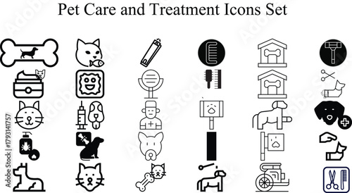 Black Line Pet Care and Treatment Icons Set Vector
