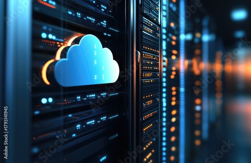 Cloud IT server racks with glowing blue cloud icon and illuminated data nodes, ideal for IT presentations, cloud computing visuals and modern technology backgrounds