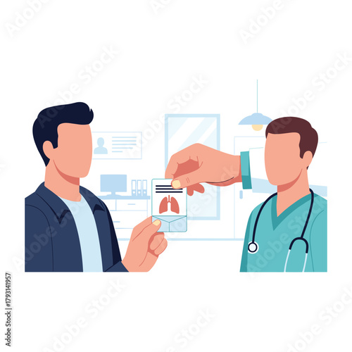 Medical professional handing a patient an ID card featuring a lung icon, related to respiratory health or organ donation.
