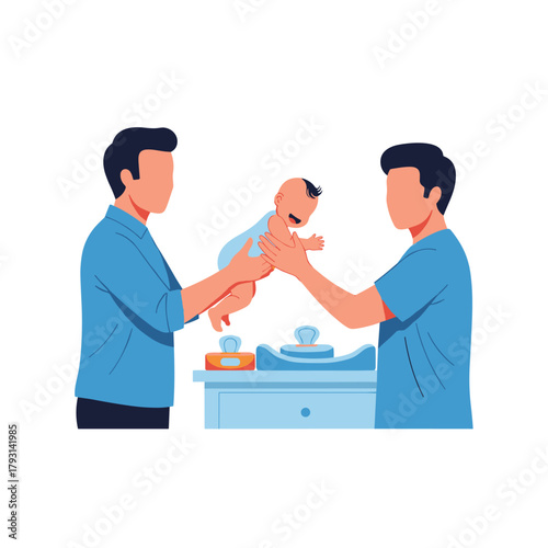 Two loving fathers smiling and changing their happy baby's diaper together on a changing table in the nursery.