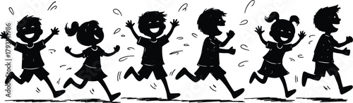 Silhouette of cheerful children running and playing happily together vector illustration