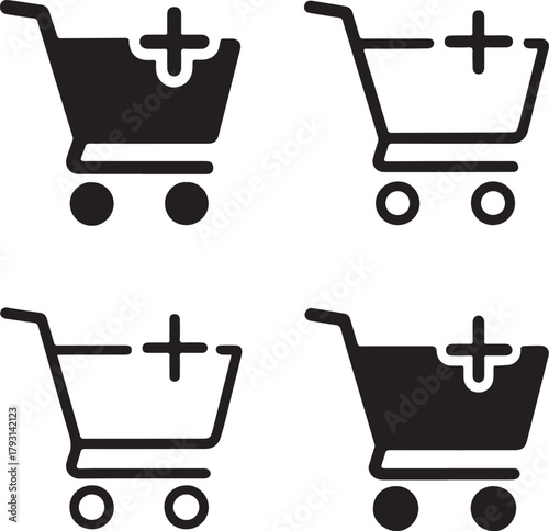 Isolated Online Shopping Cart black vector icon set, shopping cart icons, e commerce buy retail design, solid black outline filled minimal thin stroke, online store purchase symbols