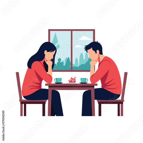 Couple sitting in silence at a table and looking down, illustrating a difficult conversation, sadness, or relationship issue.