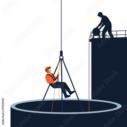 Rescue team operation with one worker descending into a confined space on a tripod while another assists from above.