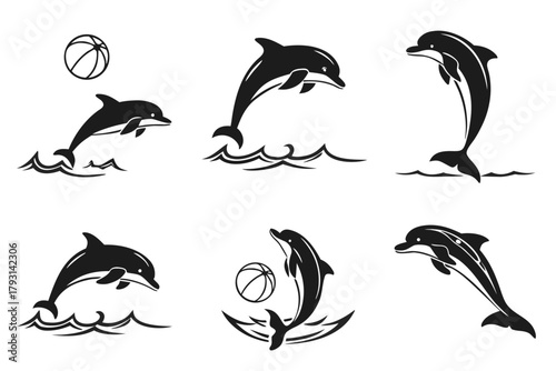 Playful dolphin pod minimalist icon set with bright colors