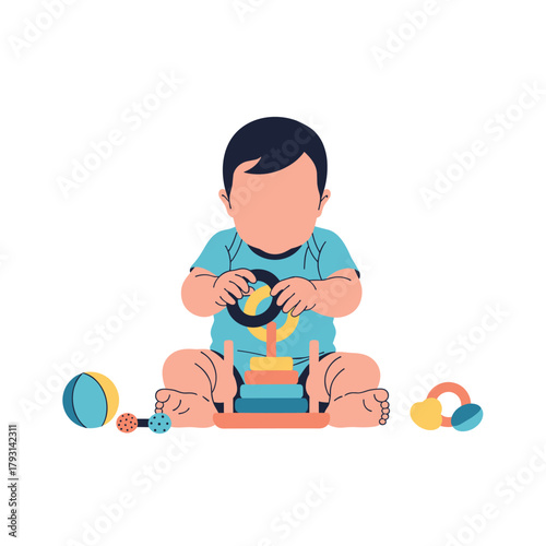 Cute baby sitting on the floor and playing with a colorful stacking ring toy, developing fine motor skills and coordination.
