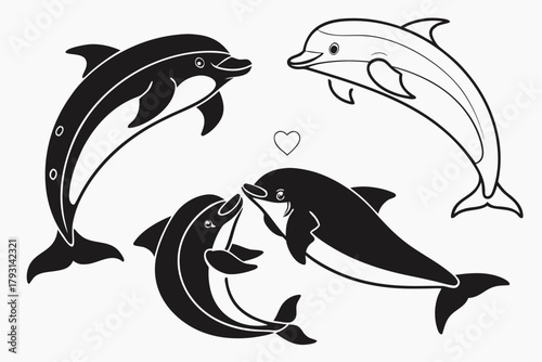 Playful dolphin pod minimalist icon set with vibrant colors