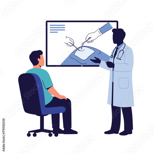 Surgeon using a large screen with a medical animation to explain a minimally invasive surgical procedure to his patient.