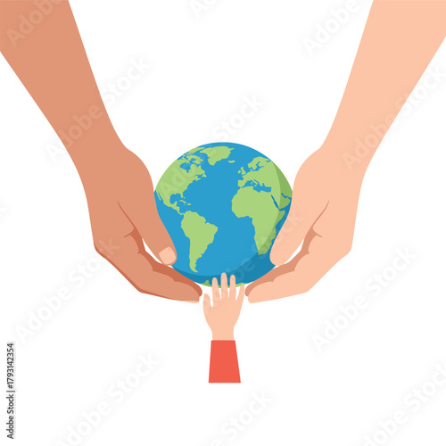 Adult and child hands holding the Earth, representing environmental protection, intergenerational responsibility, and a sustainable future.