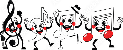Cartoon musical symbols, happy music notes, treble clef character, dancing icons, fun music illustration, educational art, joyful melody design