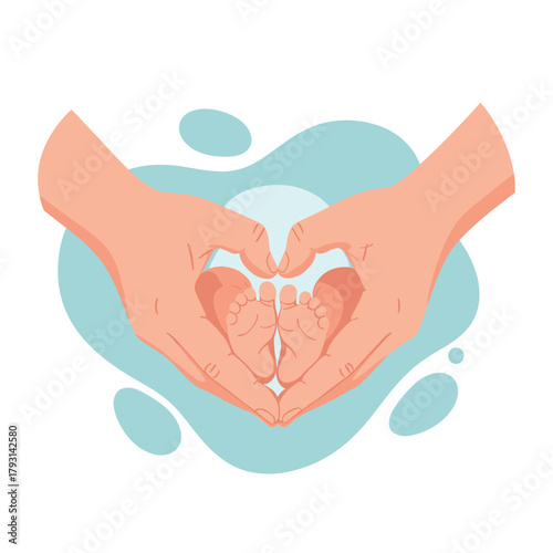Loving parent's hands forming a heart shape around the tiny feet of a newborn baby, symbolizing love, family, and new life.
