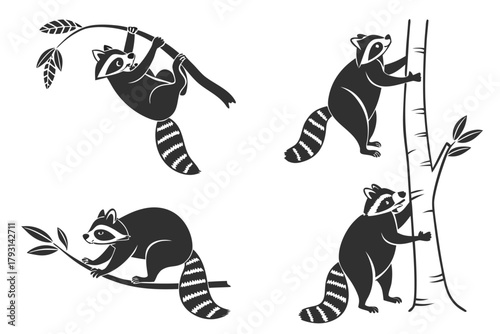 Playful raccoon icon set with minimalist design elements