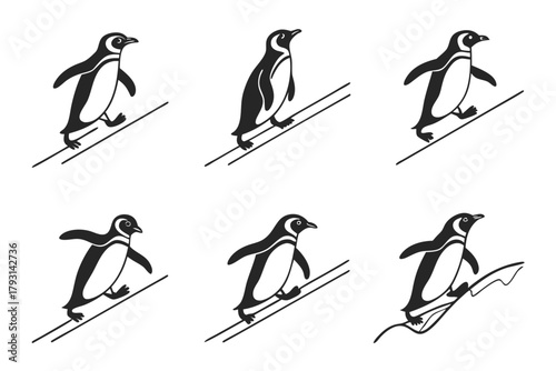 Playful penguin sliding icon set with minimalist design