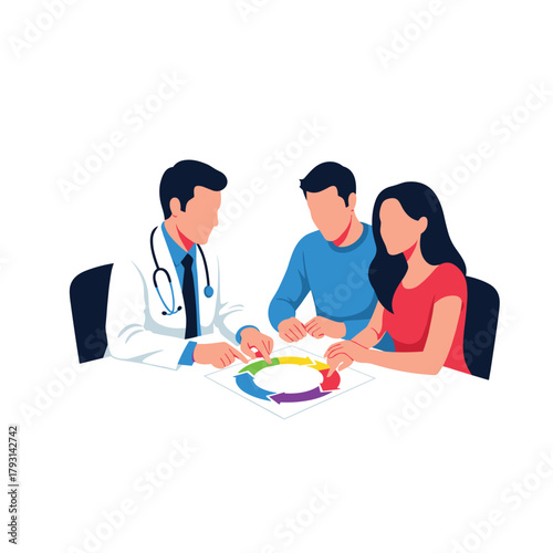 Doctor explaining a colorful cycle diagram about fertility or a treatment process to a young couple during a consultation.