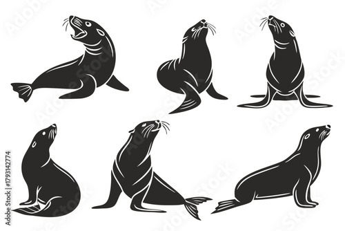 Playful sea lion icon set with whimsical marine animal illustrations