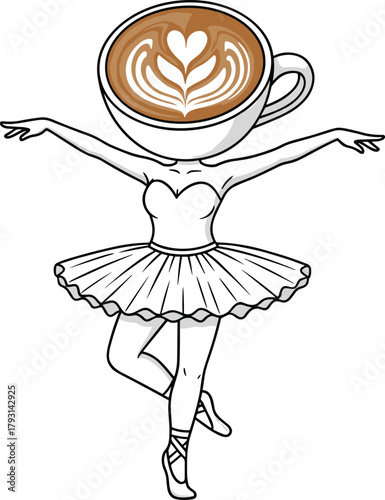 Latte ballerina illustration, coffee cup head art, whimsical dance design, creative concept sketch, ballet tutu, black and white drawing