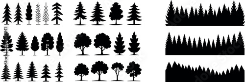 Forest silhouettes vector set, pine evergreen trees clipart, woodland landscape borders, nature icons, tree collection, isolated black design elements bundle