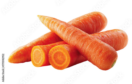 Close-up of three fresh carrots,  some sliced.  Vibrant orange hue.  Healthy,  natural food