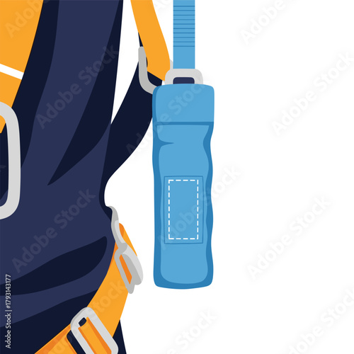 Close-up perspective of a worker equipped with a safety harness and an attached blue tool pouch for convenient access to tools.