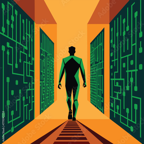 Man walking down corridor with circuit boards, futuristic technology concept