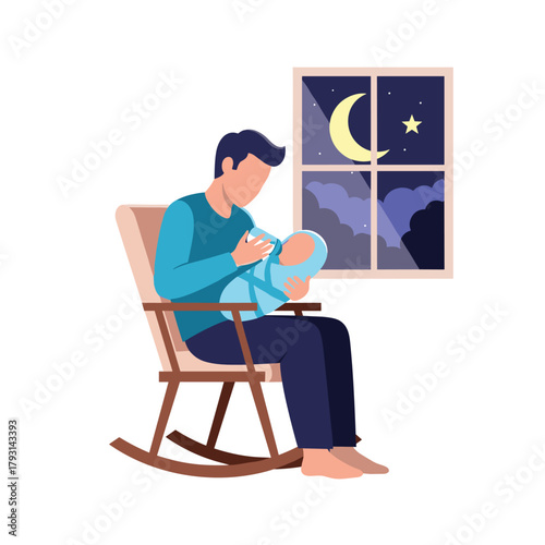 Caring father sitting in a rocking chair bottle-feeding his newborn baby during a quiet, peaceful moment late at night.