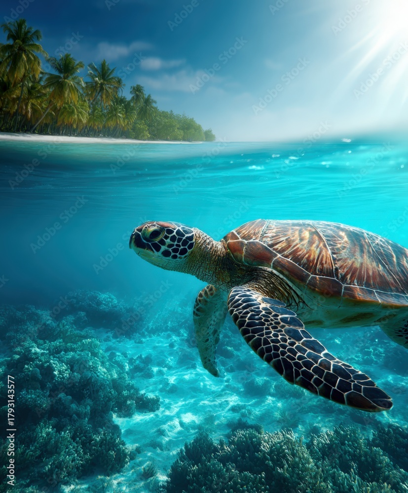 Fototapeta premium Majestic sea turtle glides through clear waters near tropical coastline